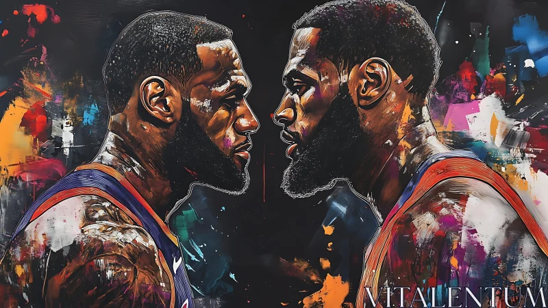 Dynamic dual basketball portrait with abstract color splashes.