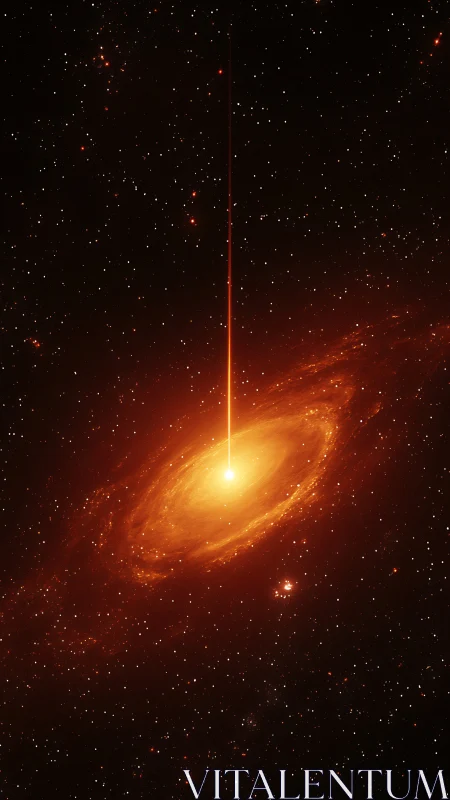 Radiant galactic vortex pierced by vertical light beam.