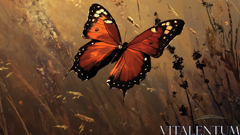 Orange butterfly in flight over dry grasses at dusk.