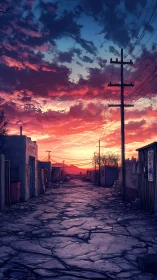 Narrow rural street with power lines at sunset light.