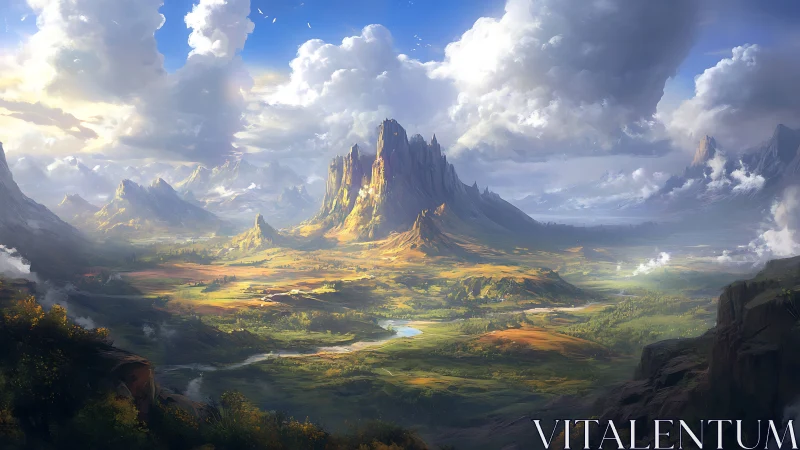 Sunlit spires rise where emerald valleys dream beneath clouds