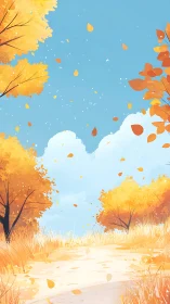 Golden autumn pathway under bright cerulean sky.