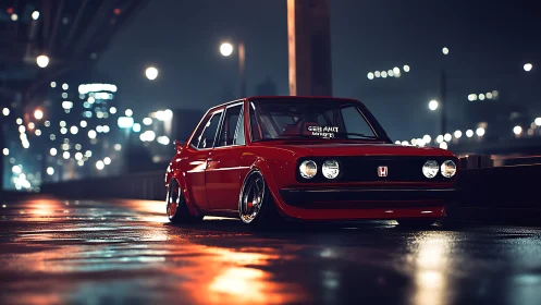 Low-slung red Honda glows under moody city night lights