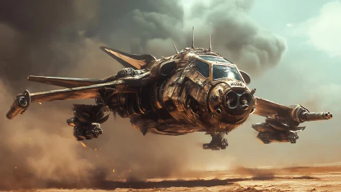 Battle-scarred gunship hovering in desert warzone haze.