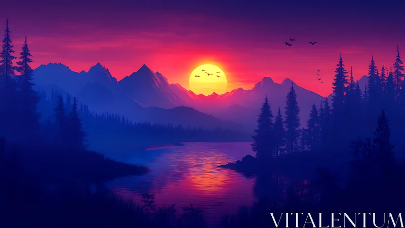 Sunset over conifer forest, distant mountains, and lake scene.