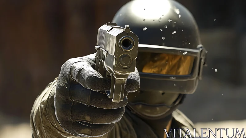 Tactical soldier aims handgun directly at camera viewpoint