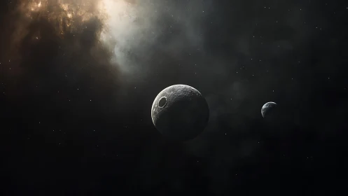Massive artificial moon drifts near smaller planet in deep space