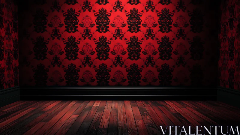 Red patterned wall with dark wooden floor in empty room.