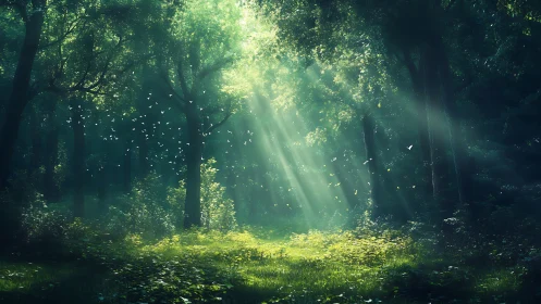 Sunlit Forest Clearing with Lush Greenery and Magical Atmosphere.
