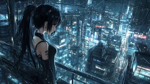 Cyberpunk woman surveys neon megacity in reflective rainfall