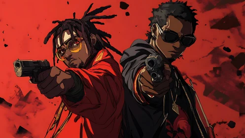 Street duo framed in dynamic red with guns drawn forward.