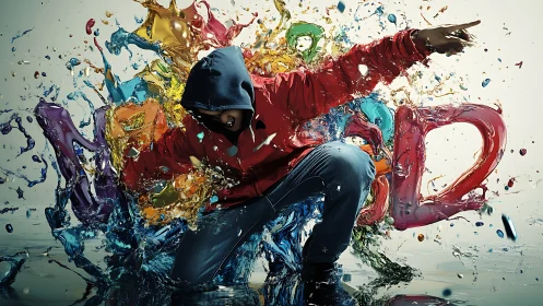 Kinetic hoodie dancer shattering multicolor liquid typography.