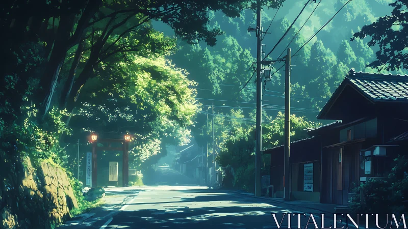 Sunlit rural shrine road under dense forest canopy.