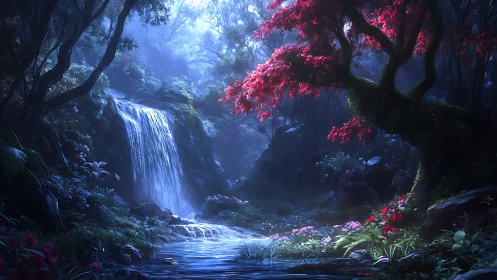 Waterfall in Forest with Red Flowering Trees. Digital Landscape