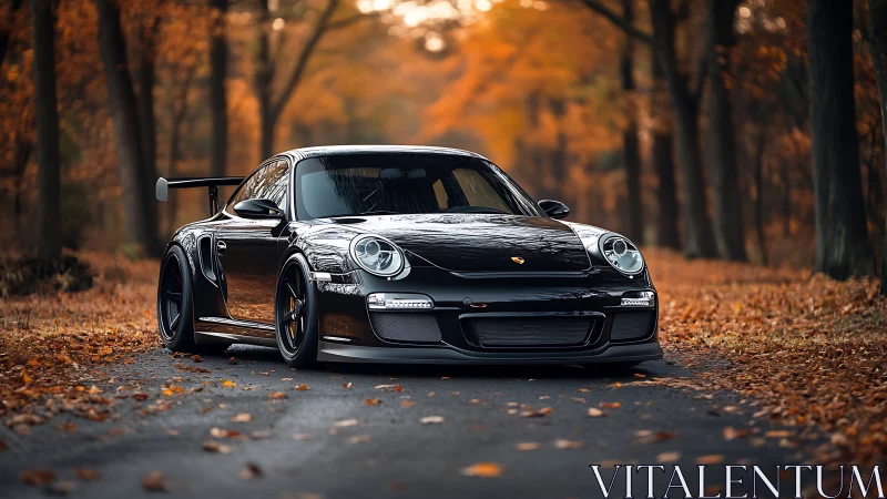 Glossy black sports car stands in a serene autumn forest road.