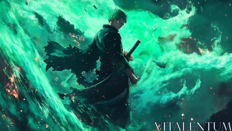 Sword-wielding warrior amid swirling green energy storm.