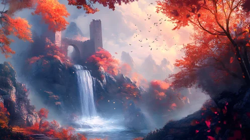 Mist-veiled waterfall below autumn ruins at sunrise.