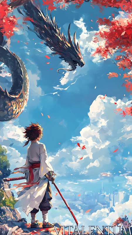 Digital painting of samurai confronting celestial dragon skyward.