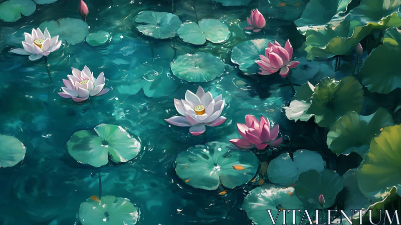 Sunlit lotus blossoms drifting across teal rippled water.