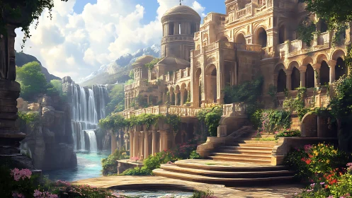 Stone terrace complex stands beside tiered river waterfalls