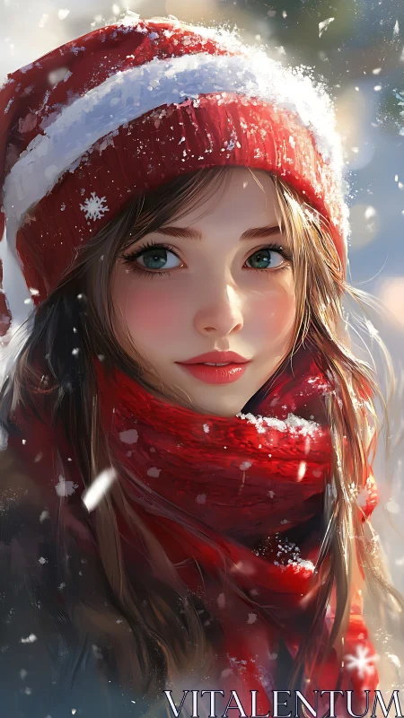 Winter-bright girl in red hat and scarf amidst soft snowfall.