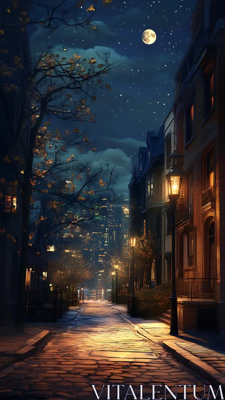 Moonlit cobblestone street glows softly against a quiet city