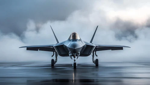Stealth fighter jet waits on misty runway in cold dawn light