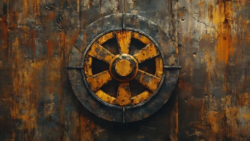 Rusty industrial metal wheel mounted on weathered steel wall.