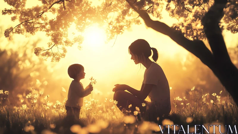 Mother and child sharing flowers under warm sunset light.