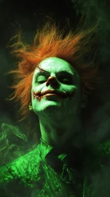 Haunting green trickster smiles through swirling eerie mist