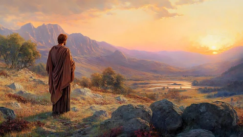 Solitary wanderer greeting a sunrise-washed valley horizon.