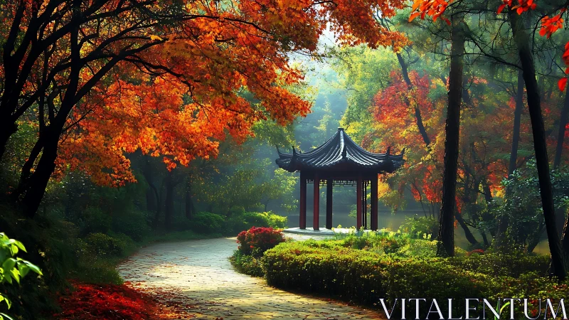 Crimson leaf tunnel guiding toward misty pagoda hush.