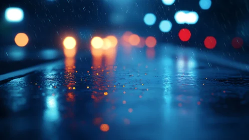 Low-angle rainy street captures neon bokeh in vivid focus play