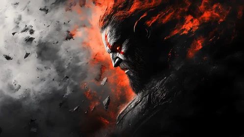 Fiery warrior emerging from swirling smoke and shadowed ash.