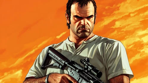 Digital painting portrait of armed man against vivid sky backdrop.