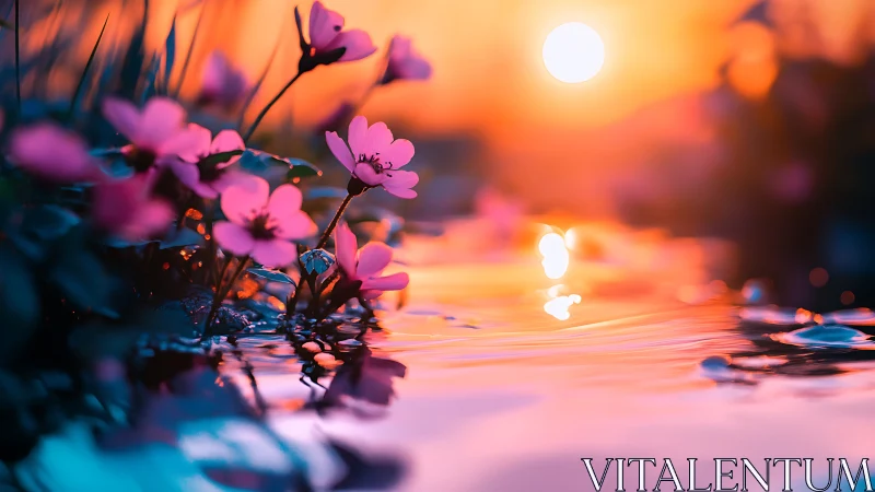 Macro view of pink flowers at waterside under sunset light.
