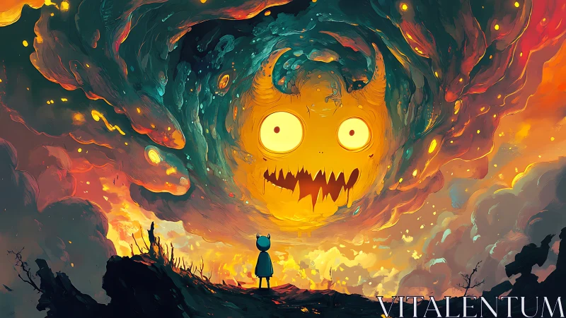 Small horned figure facing giant fiery monster cloud in sky.