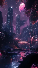 Neon city river under a dreamy pink alien moon at dusk.