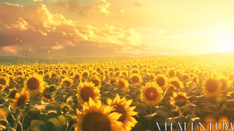 Golden-hour sunflower plain rendered in warm atmospheric light