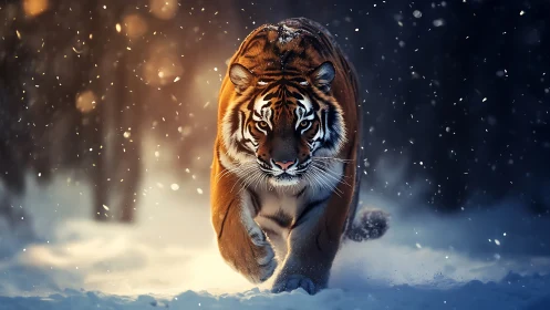 Winter storm tiger strides through snow like living wildfire