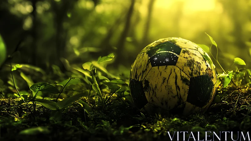 Forest-splashed Brazilian football dreaming in golden afterglow.
