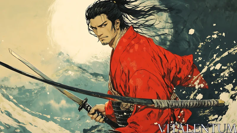 Stormlit samurai warrior with dual katanas in ocean spray