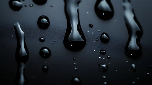 Glossy black liquid droplets glisten on a sleek dark surface