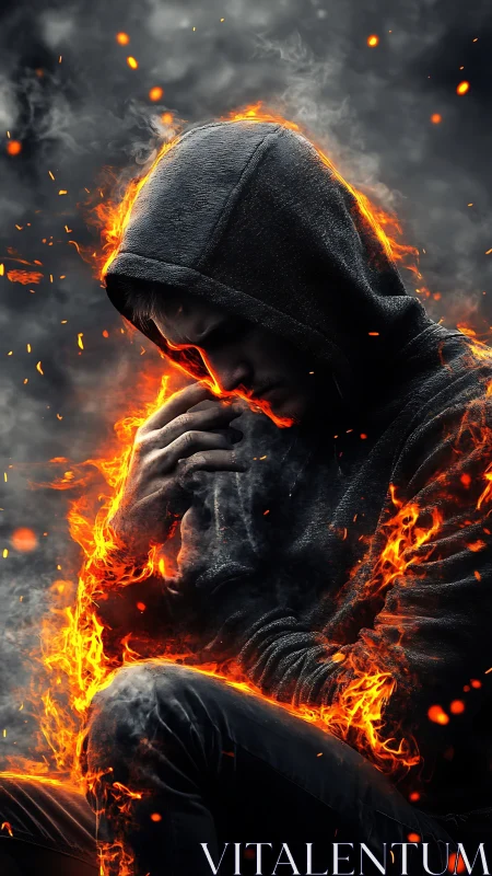 Hooded figure glows with quiet strength in swirling orange fire