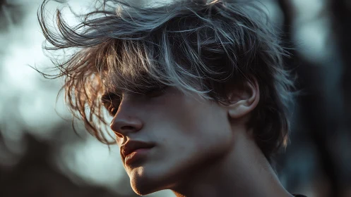 Wind-swept portrait captures a pensive youth at dusk light