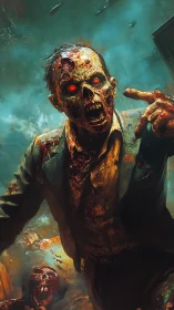 Howling boardroom corpse storms through teal apocalypse.