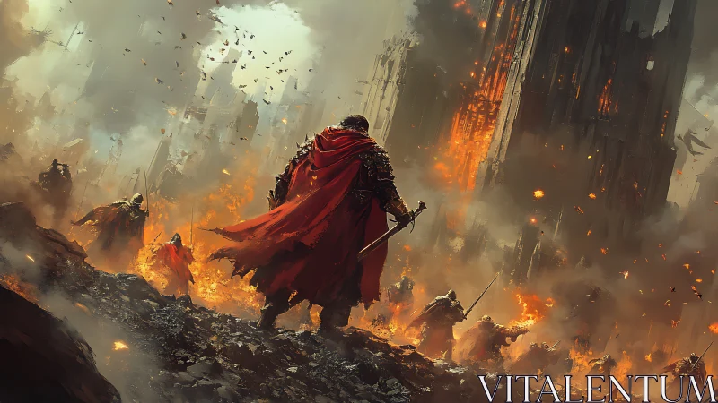 Crimson warlord strides through a burning citadel of ruin.