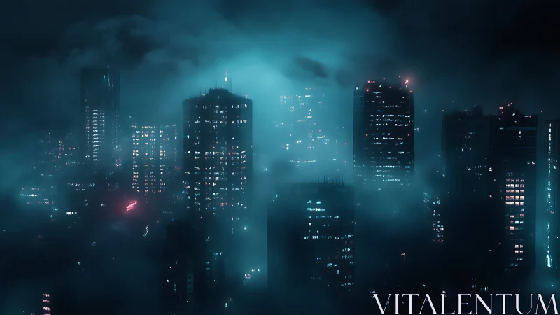 Neon-lit highrise skyline veiled in cinematic cyan fog.