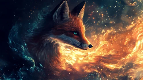 Starlit ember fox drifting through cosmic firestorm dream.