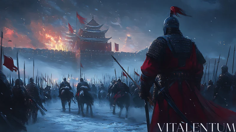 Fiery fortress glows as armored warriors march through snow
